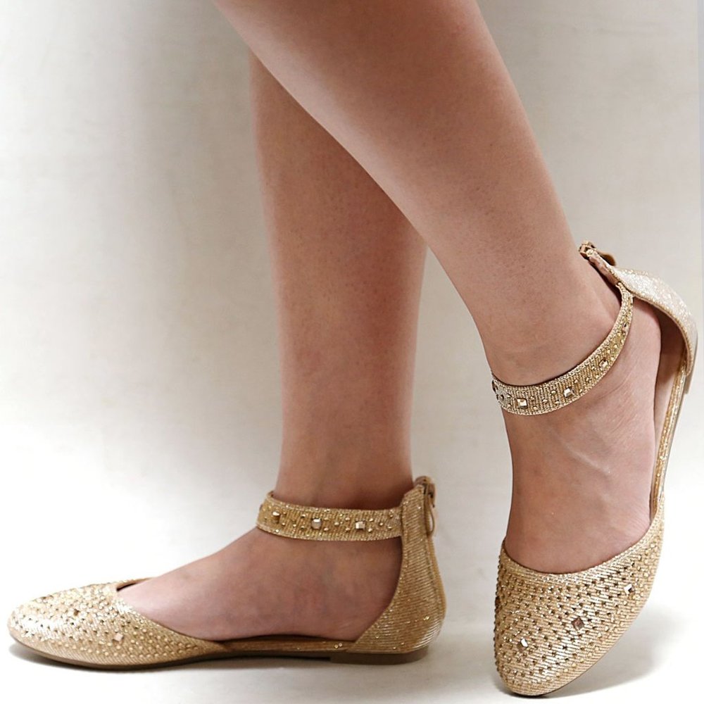 New Gold Rhinestone Mary Jane Ballet Flats